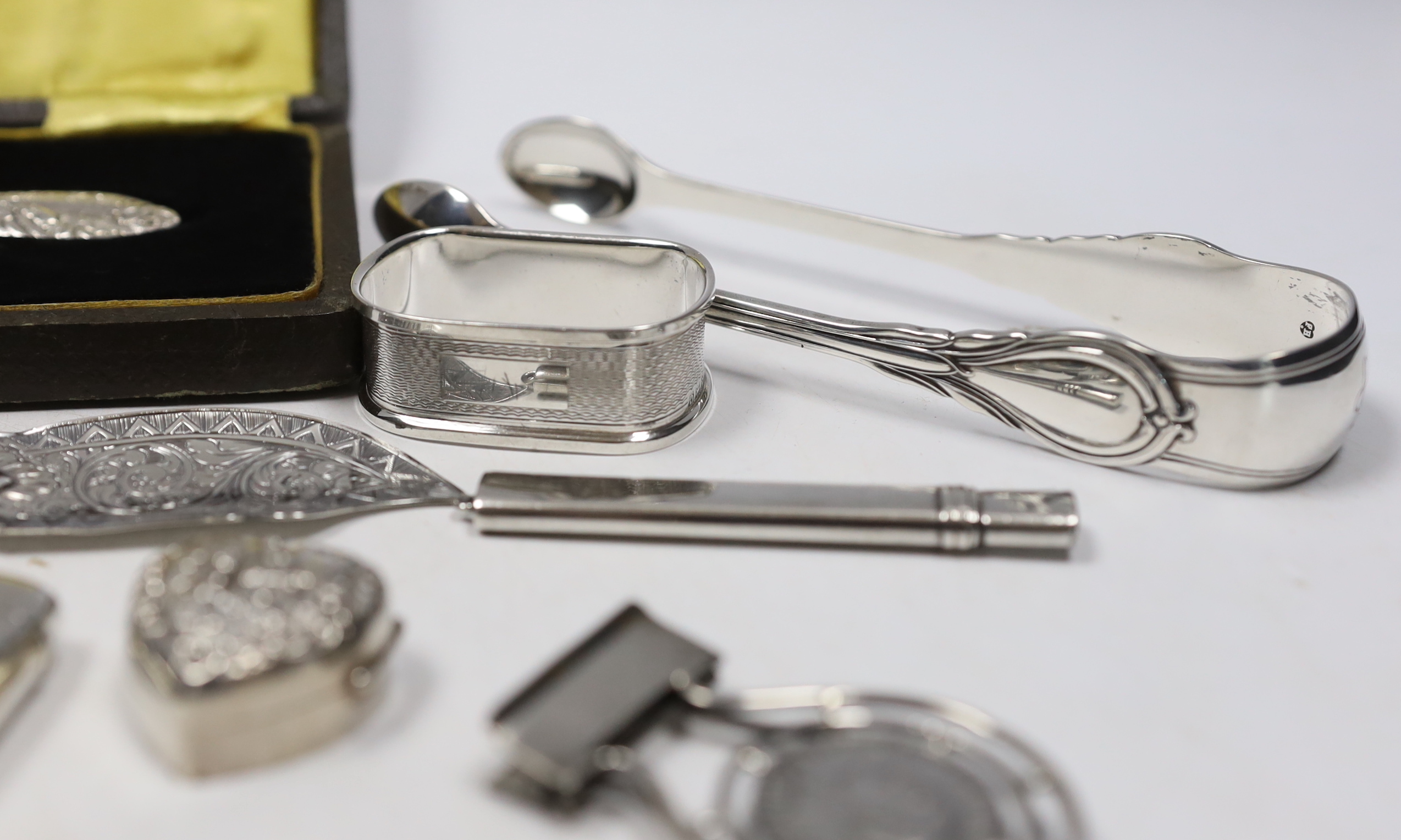 Sundry small silver including bracelet, dessert spoon, fruit knives, mustard, vesta pill box, sterling spoon, butter knife, etc.